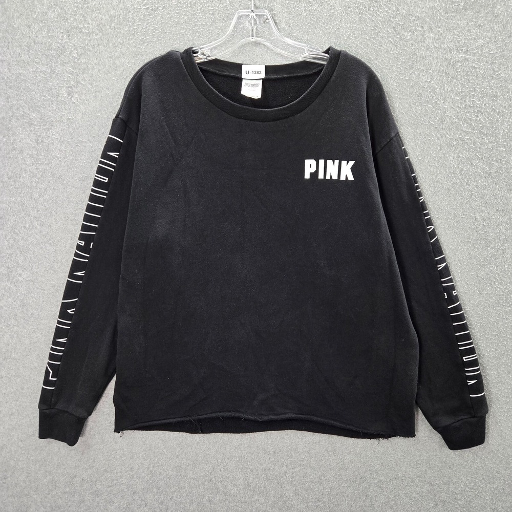 Pink Victorias Secret Women Sweatshirt Medium Black Logo Long Sleeve Crew Neck